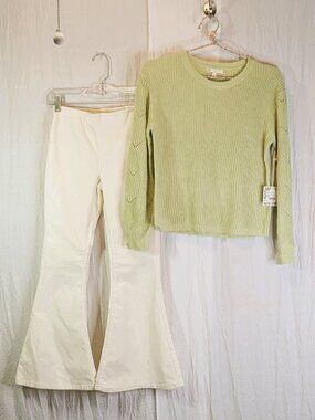 Chelsea & Violet Openwork Chevron Sweater and Corduroy Flared Pants Set Large